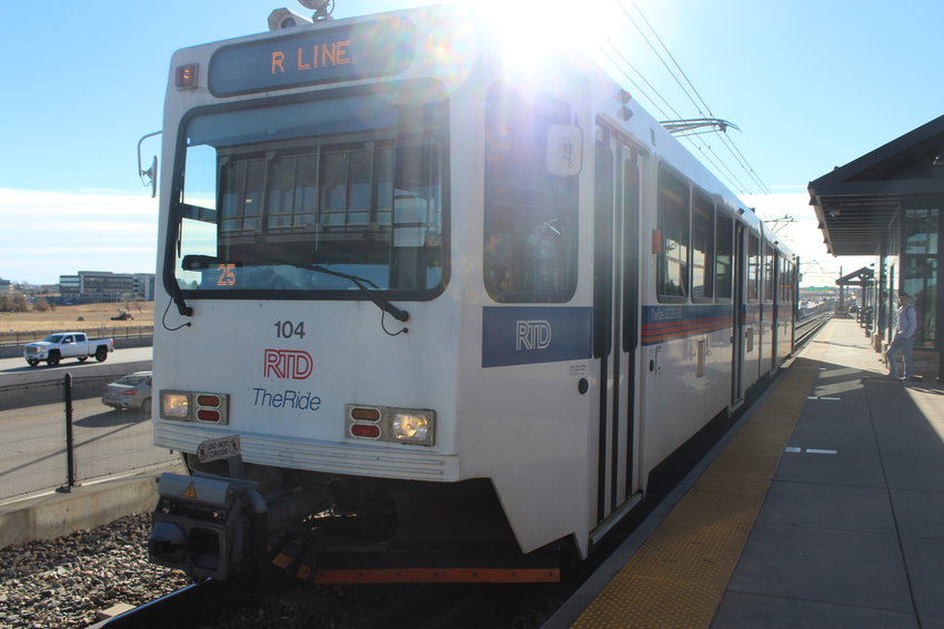 A train leaves the station at the Lincoln Light Rail Station. The Lincoln Station is currently the southernmost stop of the E Line, which ends at Union Station in downtown Denver. Come the second quarter of 2019, three more stops south of Lincoln, at the Lone Tree City Center, Sky Ridge Medical Center and RidgeGate Parkway, will open to the public.